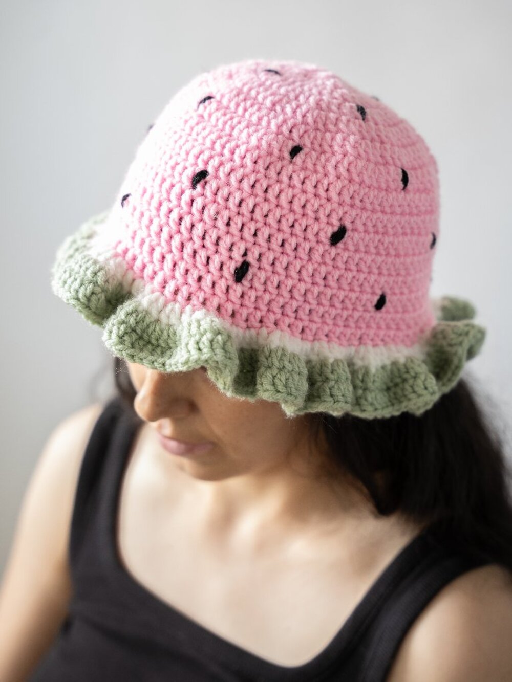 Pink Watermelon Crochet Bucket Hat Green Ruffle Brim Kawaii Fruit Summer Hat STD